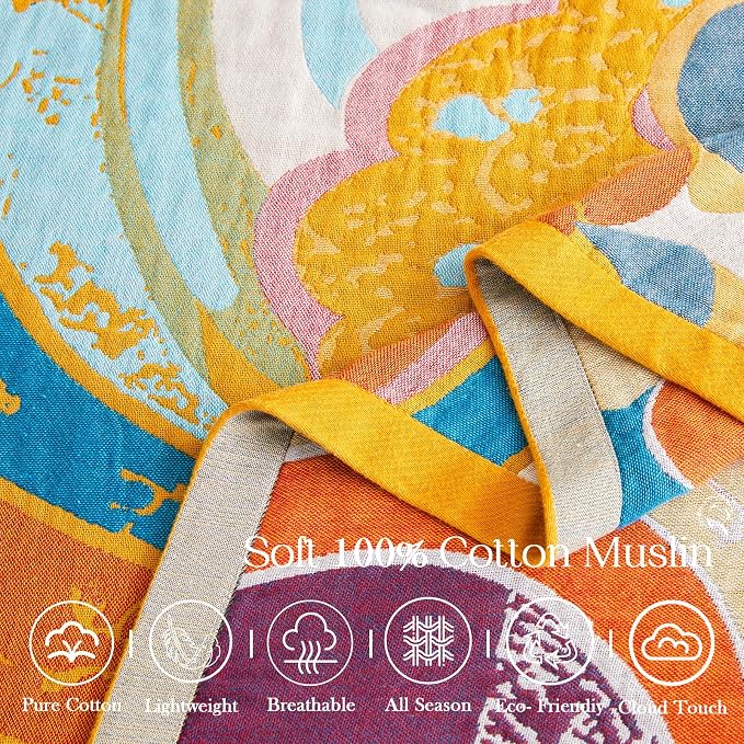 XIBLC Boho Throw Blanket, Lightweight Blankets for Summer, 100% Cotton Bohemian Decorative Throw Blanket, 80"x90" Reversible Muslin Breathable Woven Farmhouse Blankets Quilt,