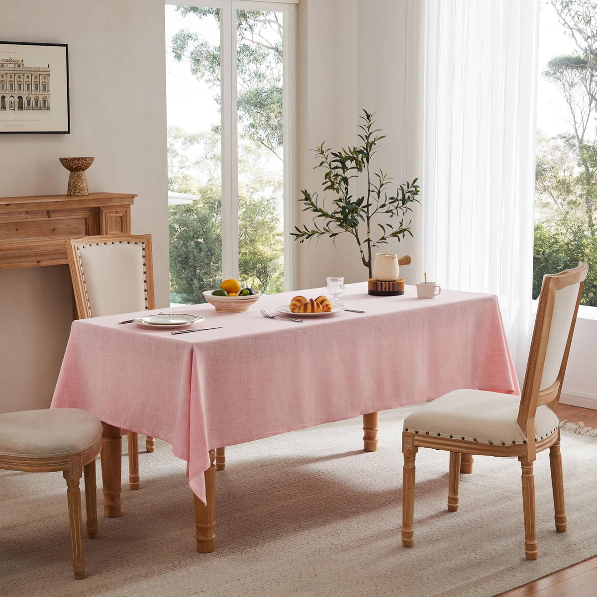 Farmhouse Linen Rectangular Tablecloth, Pink 60x84 Inch | Sleek Draping Style, Cotton Blend, Water Resistant Dining Tablecloths, Washable Stain-Resistant, Easy Care Table Cover
