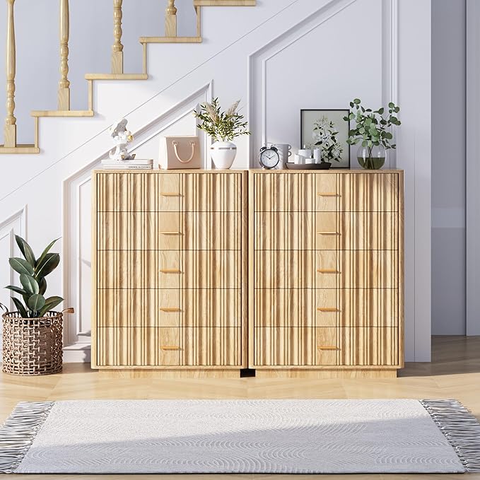 Fluted 5 Drawers Dresser for Bedroom, Wooden Tall Storage Dresser TV Stand, Curved Profile Modern Chest of Drawers, Wood Closet Clothes Storage Organizer for Living Room, Hallway, Natural 2 Sets
