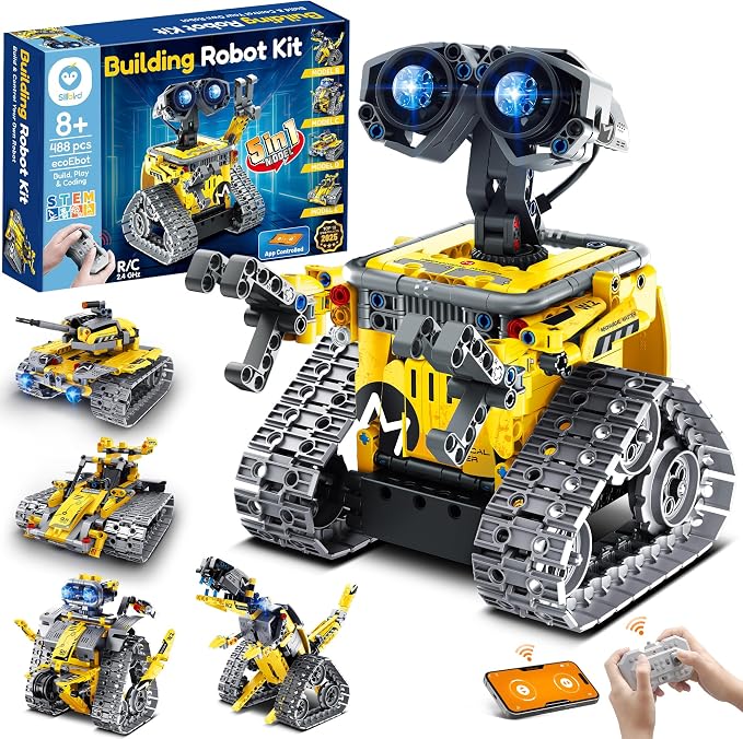 Sillbird STEM Robot Building Kit with Remote Control Gifts for Boys 8-13 | Coding Robotic Set, Educational Birthday Gifts, App-Controlled, Buildable 5in1 Models, Rechargeable Toys for Kids, 488 Pieces