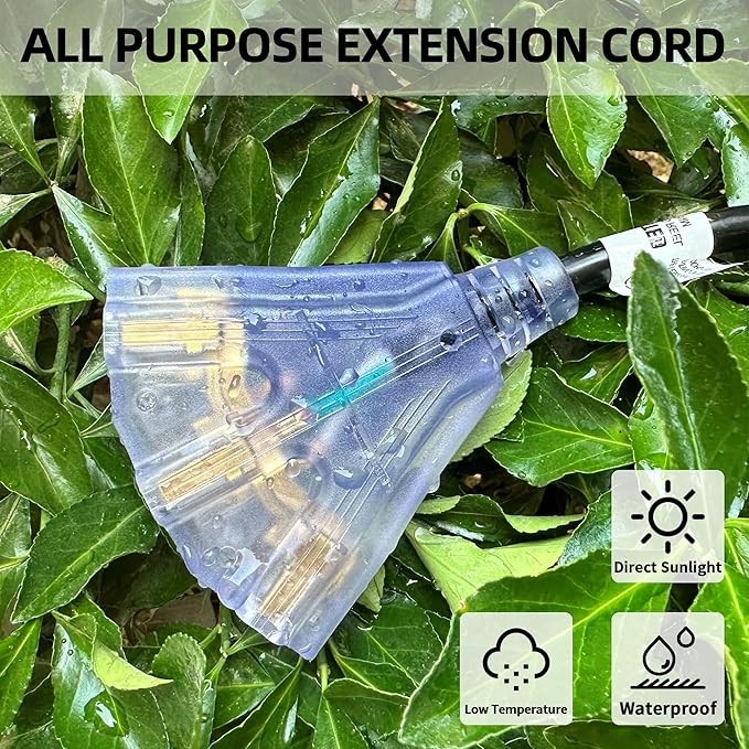 YOJOE 3-Outlets Indoor Outdoor Extension Cord with Lighted End, 3 Prong 15A Weatherproof Power Cord, 12 Gauge Heavy Duty 15 ft Yellow Extension Cord Multiple Outlets, 12/3 SJTW UL Listed