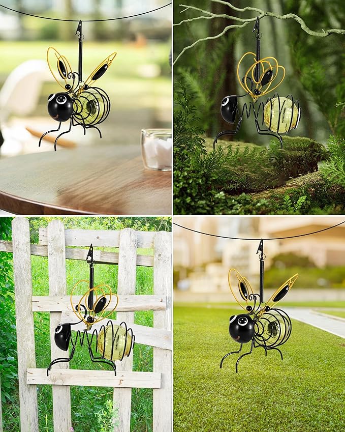 iStatue Solar-Powered Hanging Bee Light - Metal LED Outside Bugs with Bouncy Springs - Solar Fairy Lights for Outside Garden Decor Backyard Balcony Porch Spring Decoration (Yellow)