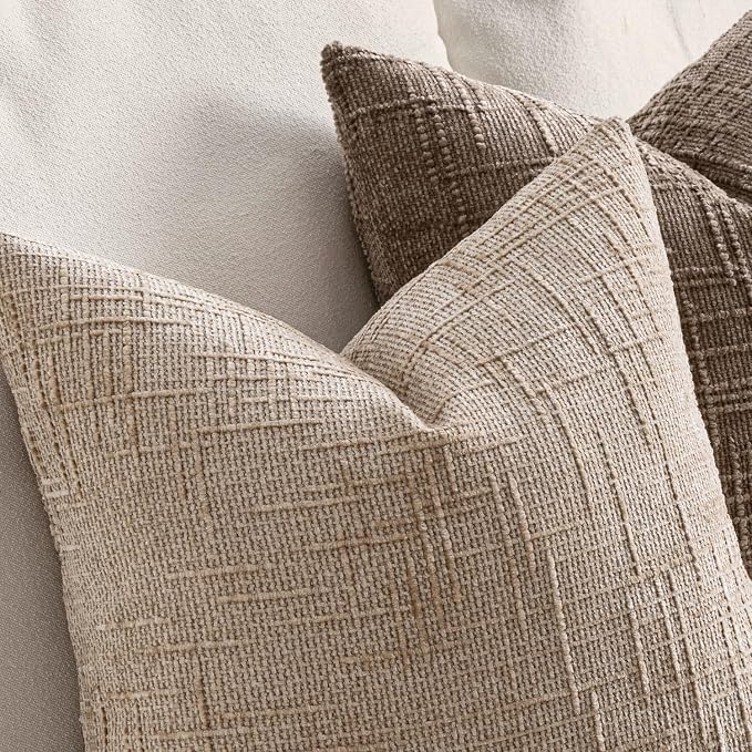 MIULEE Chenille Textured Throw Pillow Covers Oatmeal 16x16 Set of 2 | Slubby Decorative Pillows, Boho Farmhouse Home Decor, Modern Neutral Cushion Covers for Couch Sofa Bed Living Room