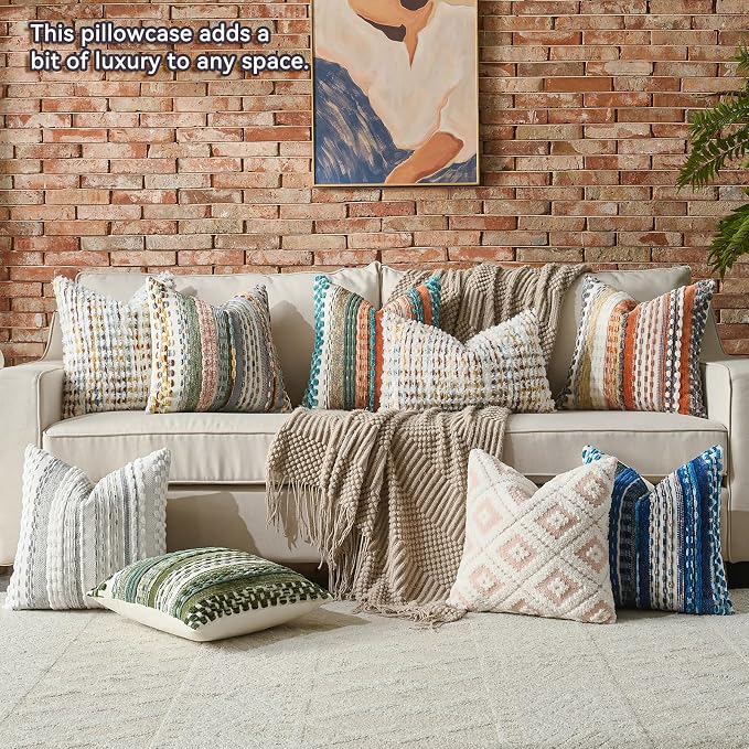 Set of 2 Boho Chenille Pillow Cover Decorative Tufted Pillowcase for Couch Bed Sofa Bedroom Living Room Modern 18 x 18-Inch Brown White