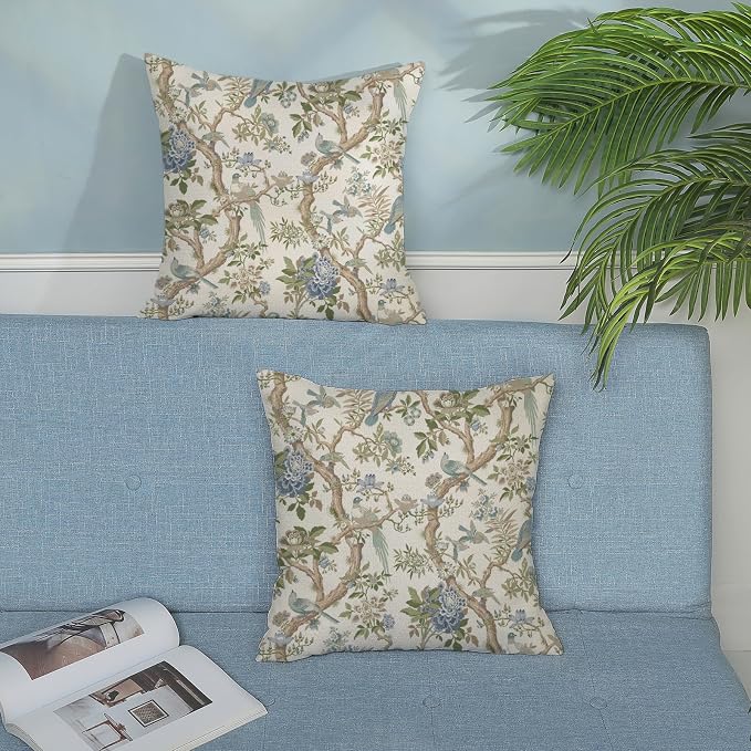 Blue Green Floral Bird Pillow Covers 24x24 Set of 2 Chinoiserie Throw Pillows Green Vintage Flowers Bird Decorative Pillow Cases Outdoor Chinoiserie Decor Farmhouse Cushion Case for Couch Sofa