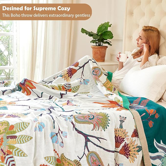 VANJOROY Boho Throw Blanket, 100% Organic Cotton Breathable Skin-Friendly Ultra Soft Bed Quilt Throw - All Season Floral Bird Farmhouse Décor Luxury Blanket for Sofa Couch Chair and Gift. 50" x 60"