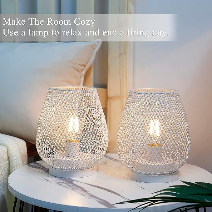 JHY DESIGN Set of 2 Metal Cage LED Lanterns Battery Powered Cordless Accent Light with LED Great for Weddings Parties Patio Events for Indoors Outdoors(White)