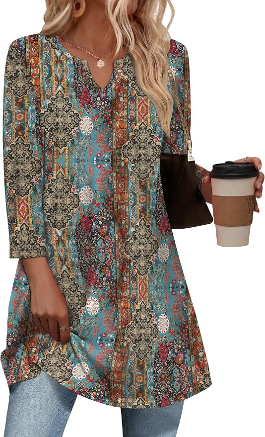 OFEEFAN Summer Boho Tops For Women 3/4 Length Sleeve Womens Tops Vacation Outfits