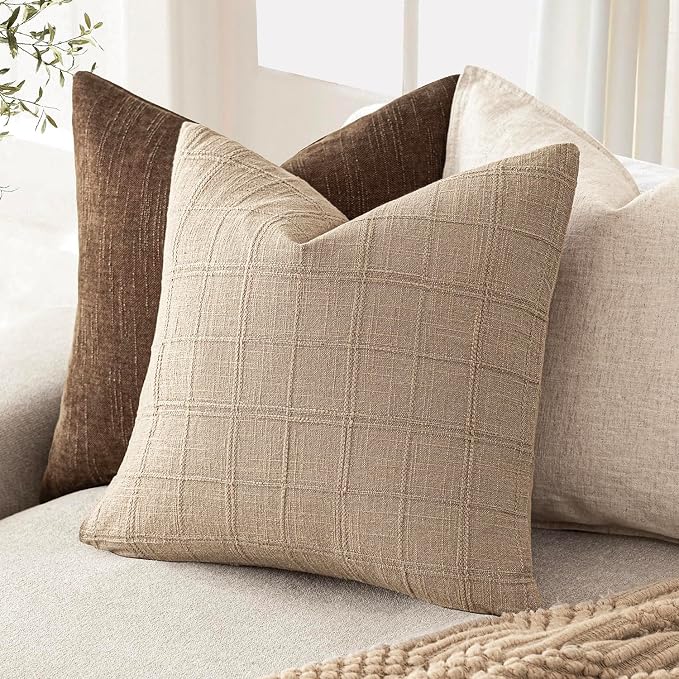 Foindtower Set of 2 Decorative Linen Check Throw Pillow Covers Neutral Farmhouse Vintage Cushion Covers Modern Coastal Boho Home Decor for Sofa Chair Couch Bedroom Living Room,26×26 Inch,Camel