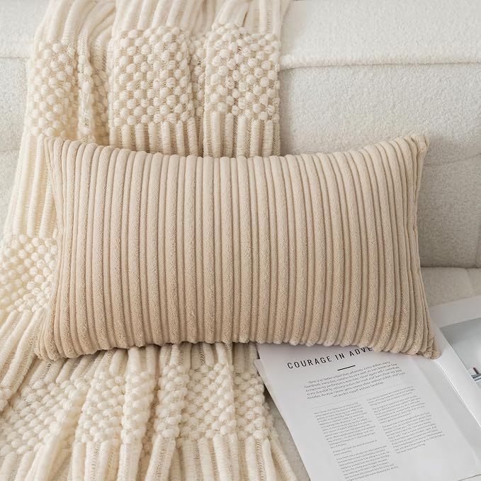 UGASA 14x20 Inch Pillow Cover Pack of 1 Soft Boho Stripe Corduroy Long Rectangular Lumbar Cushion Cover Farmhouse Decorative Throw Pillowcase for Bed, Couch, Sofa, Bedroom, Living Room, Beige