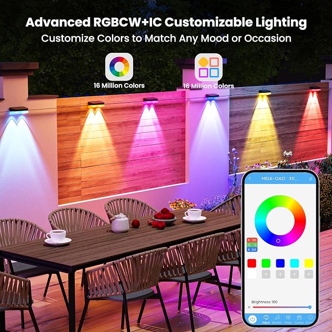 Outdoor Fence Lights, 8 Packs Smart Outdoor Deck Lights RGBCW+IC, with App/Remote Control, Color Changing Lights for Fence, IP67 Waterproof for Backyard Railing Decor (50FT)