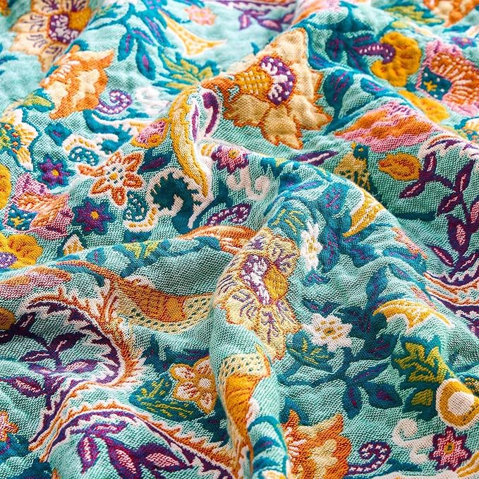 XIBLC Boho Blanket Throw Quilt, 100% Cotton Soft Light Weight Throw Blankets for Summer, 50"x60" Farmhouse Flower Decorative Blankets, All Season Rustic Reversible Bohemian Throw Quilt