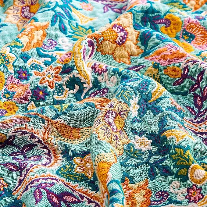 XIBLC Boho Blanket Throw Quilt, 100% Cotton Soft Light Weight Throw Blankets for Summer, 80"x90" Farmhouse Flower Decorative Blankets, All Season Rustic Reversible Bohemian Throw Quilt