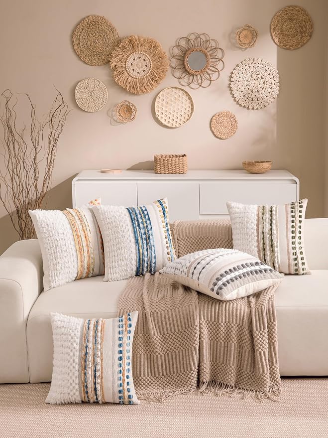 Boho Chenille Tufted Couch Throw Pillow Covers 18x18 Inch Set of 2 Farmhouse Striped Decorative Pillow Covers Accent Neutral Pillowcase Caramel Brown Blue Cushion Cover for Livingroom Sofa Bed