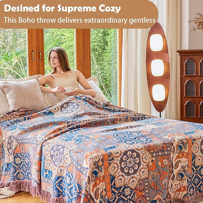 VANJOROY Boho Throw Blanket for Bed Couch 60" x 80", 100% Organic Cotton Skin-Friendly Ultra Soft Quilt Throw - Floral Rustic Living Room Decor Luxury Reversible Blanket for Sofa Chair and Gift