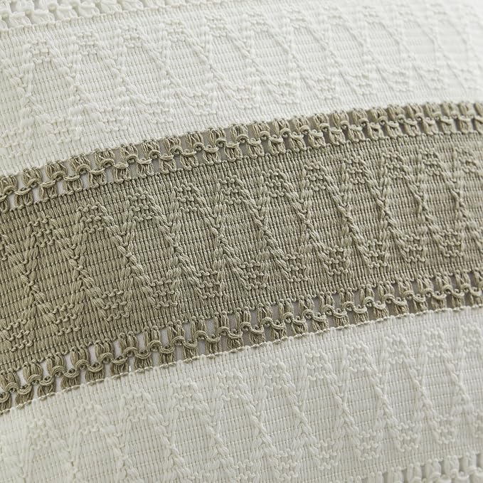 2pk Boho Pillow Covers 12x20, Natural White/Contrast/Dark Sage | 100% Organic Cotton Body, Stripe Embroidery, Farmhouse Decorative Cushion Covers for Sofa Bed Living Room Home Decor