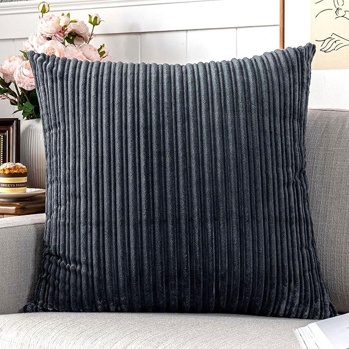 UGASA Corduroy Striped Throw Pillow Covers Soft Soild Decorative Square Set Cushion Cases Pillowcases for Sofa Bedroom, 2 Pcs, 18x18inch, Dark Grey