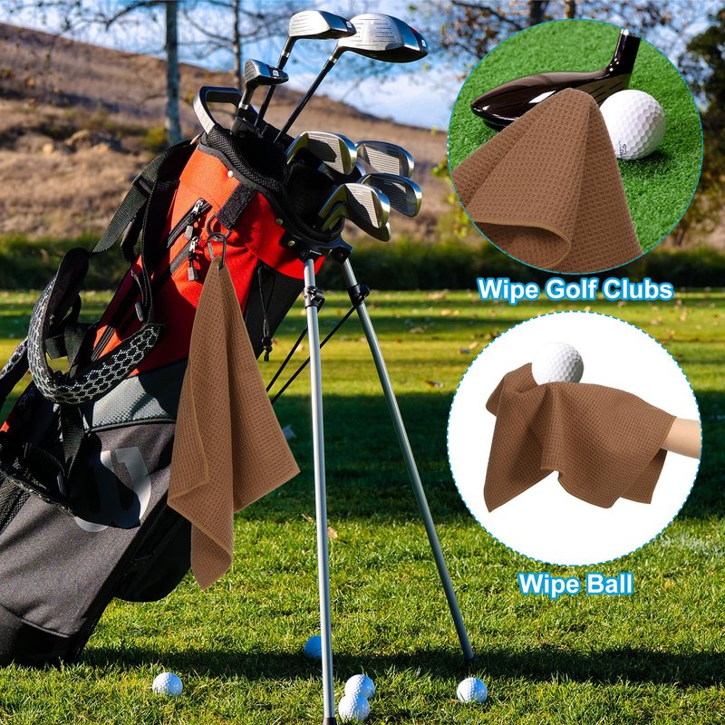 PATIKIL 12"x12" Tri-Fold Golf Towels, 3 Pack Waffle Pattern Towels Soft Fiber Strong Water Absorption with D Clip for Golf Lovers, Brown