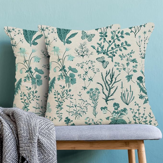 AEIOAE Summer Pillow Covers 22x22 Inch Set of 2,Teal Green Wild Flower Plant Throw Pillows Case,Seasonal Floral Outdoor Decorative Square Linen Farmhouse Decor Cushion Covers for Home Sofa Bed Couch