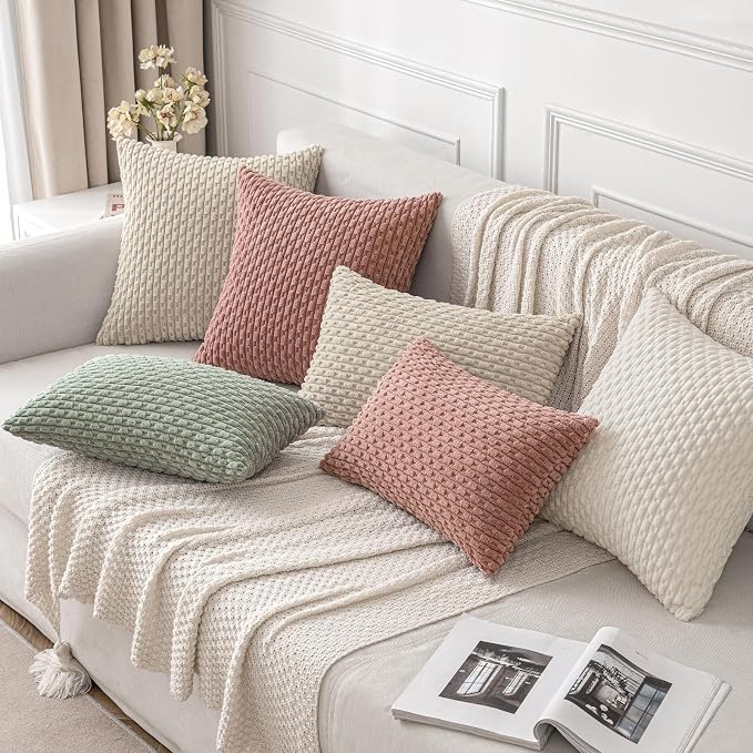MIULEE Decorative Throw Pillow Covers 16x16 Blush Pink Textured Corduroy | Pack of 2 Striped Pillow Covers Modern Farmhouse Home Decor for Couch Bed Sofa Living Room