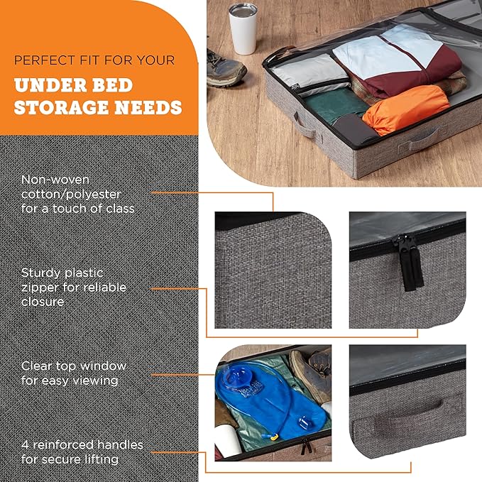 storageLAB Under Bed Storage Containers, Low Profile Underbed Organizers with Sturdy Handles, Dual Zippers, and Clear Windows, Ideal for Clothes, Pillows, and Blankets - 2 Pack, Low Profile, Gray