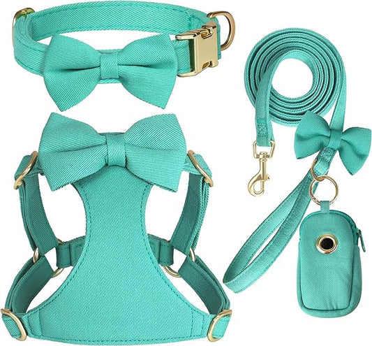 Beirui Adorable Small Dog Harness Collar and Leash Set,Cute XXS Puppy Harness Set with 3 Bows for Tiny Dogs,Chihuahua,Adjustable Step-in Vest for Daily Walking,Parties&Holiday Outfits(Teal,XXS)