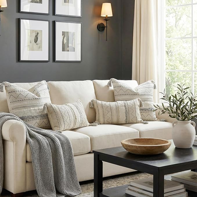 Gray Decorative Throw Pillow Covers 18X18 Combo Set of 2 Square Boho Neutral Grey Accent Pillowcase Tassels Farmhouse Cushion for Couch Sofa Bedroom Living Room Home Décor Cover ONLY