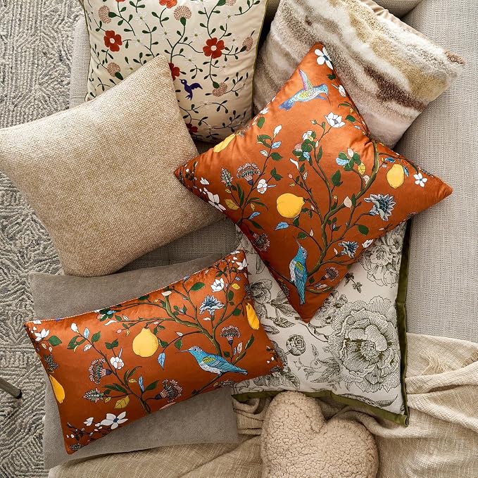 MUSSEL Burnt Orange Velvet Floral Decorative 16x16 Pillow Covers Set of 2 | Soft Durable and Sturdy,Bird Plant,Throw Pillows Case,Square,Colorful Boho Modern Cushion Covers,Home Sofa Couch Decor