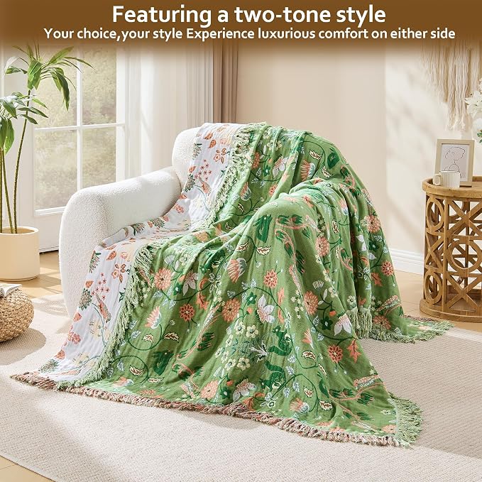 VANJOROY King Boho Throw Blanket, 100% Organic Cotton Breathable Skin-Friendly Ultra Soft 91" x 98" Bed Quilt Green Throw - Floral Rustic Decor Luxury Reversible Blanket for Sofa Couch Chair and Gift