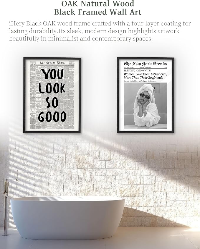 iHery 18x24in Women Love Their Esthetician Framed Bathroom Wall Art | Premium Black OAK Wood Frame with Canvas Print, Vintage Newspaper Decor for Bedroom, Dorm, Vanity Room Living Room, 1Pack