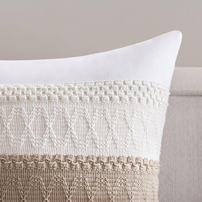 2pk Boho Pillow Covers 20x20, Natural White/Contrast/Taupe | 100% Organic Cotton Body, Stripe Embroidery, Farmhouse Decorative Cushion Covers for Sofa Bed Living Room Home Decor