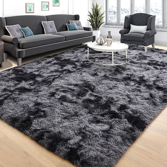 Tepook Area Rugs 10x14 for Living Room, Super Soft Fluffy Rugs for Bedroom, Modern Shaggy Rug Fuzzy Carpets for Kids, Plush Indoor Nursery Home Decor Rug with Non-Slip Bottom, Tie-Dyed Dark Grey
