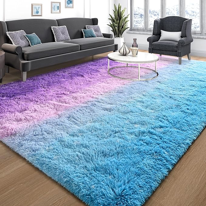 Tepook Soft Fluffy Rugs for Bedroom, 4x6 Area Rug for Living Room, Modern Shaggy Room Rug for Kids Boys Girls, Plush Throw Rugs Indoor Nursery Home Decor Rug with Non-Slip Bottom, Purple and Blue