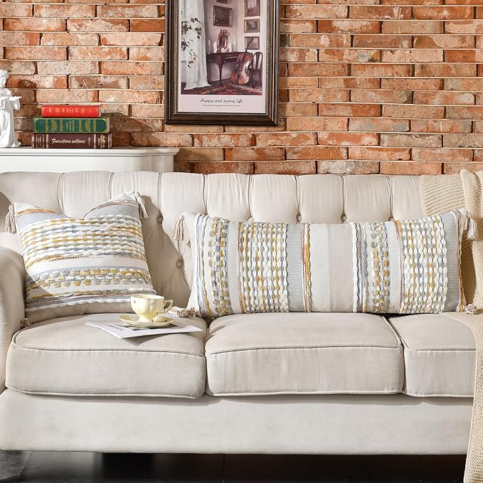 Chenille Striped Textured Boho Throw Pillow Covers Aesthetic with Tassels Woven Decorative Pillow Case for Couch Bed Sofa Bedroom Modern Funky 18 x 18-Inch Grey