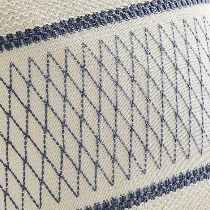 2pk Boho Pillow Covers 16x16, Natural White/Grid/Blue | 100% Organic Cotton Body, Stripe Embroidery, Farmhouse Decorative Cushion Covers for Sofa Bed Living Room Home Decor
