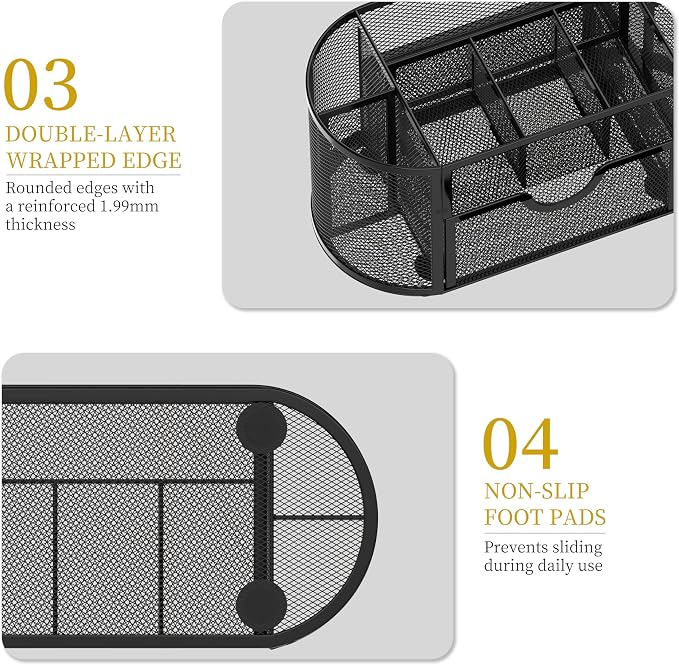 Mesh Desk Organizer with Drawer, 9-Compartment Pen Holder for Desk, Black | Pull-Out Drawer Stores Pens, Pencils, Clips, Notes, and Small Office or School Supplies in One Compact Desk Caddy