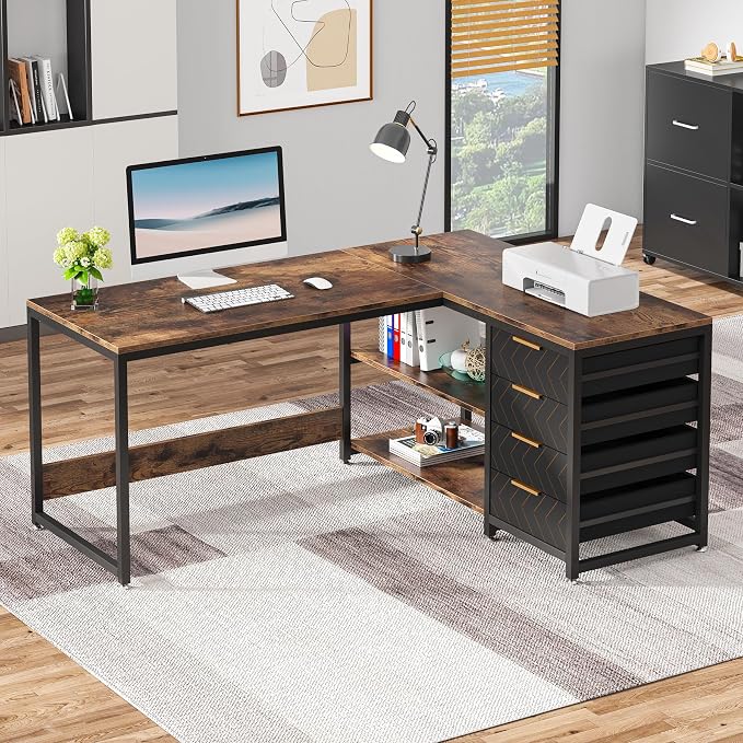 Tribesigns L Shaped Computer Desk with Storage Drawers, 59 inch Corner Desk with Shelves, Reversible L-Shaped Office Desk Study Writing Table Workstation for Home Office, Brown