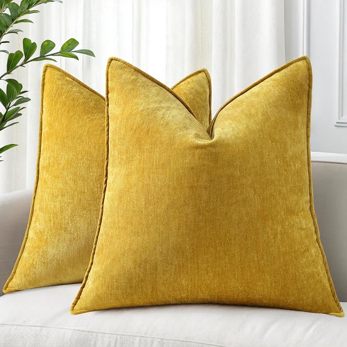 decorUhome Chenille Mineral Yellow Throw Pillow Covers 22x22 Set of 2 | Fall Soft Euro Sham Couch Decorative Modern Velvet Pillow Cases with Elegant Design for Sofa Bed Living Room Home Decor