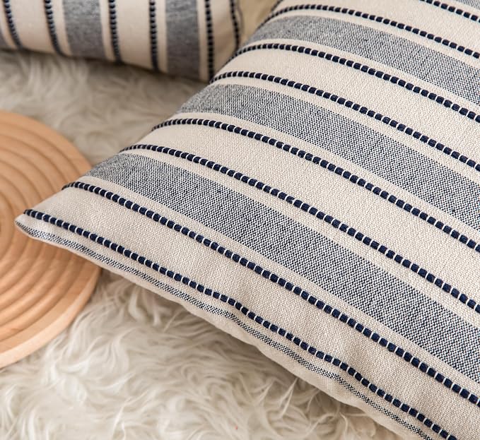 Cethom Decorative Boho Lumbar Throw Pillow Covers, Farmhouse Textured Pillow Case, 12 x 20 Inch Set of 2, Chair Sofa Bedroom Living Room Decor Couch Cushion Case, Navy Blue and Beige