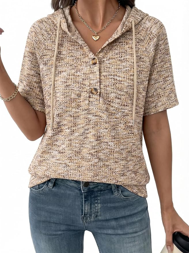 Dokotoo Womens Summer Tops 2026 Short Sleeve Button V Neck Waffle Knit Lightweight Drawstring Hoodies Casual Blouses Shirts