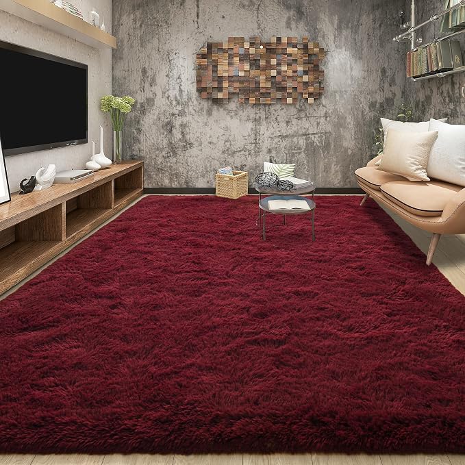 Tepook Fluffy Burgundy Rugs for Living Room, 8x10 Dark Red Area Rug for Bedroom, Soft Shaggy Plush Floor Carpet for Kids Girls Boys Room, Indoor Non Slip and Washable Carpets for Nursery Home Decor
