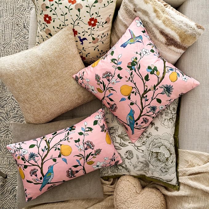 Light Pink Velvet Floral Decorative 12x20 Lumbar Pillow Covers Set of 2 | Durable and Sturdy,Botanical Printed Pattern,Throw Pillows Case,Rectangle,Colorful Farmhouse,Home Sofa Bed Couch Decor