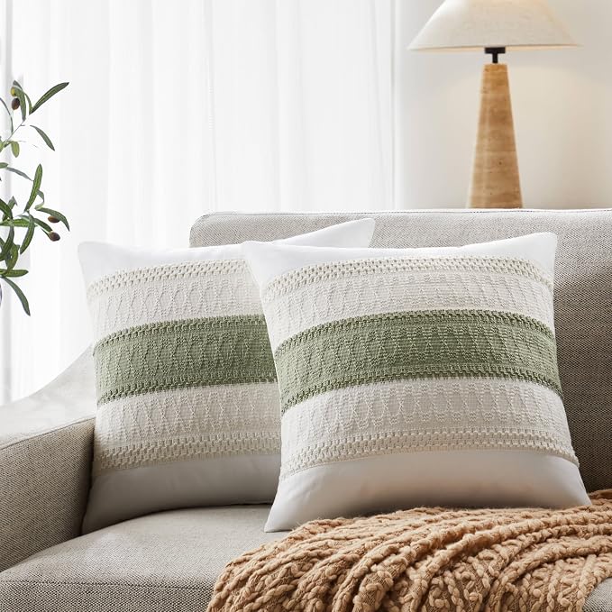 2pk Boho Pillow Covers 16x16, Natural White/Contrast/Green | 100% Organic Cotton Body, Stripe Embroidery, Farmhouse Decorative Cushion Covers for Sofa Bed Living Room Home Decor