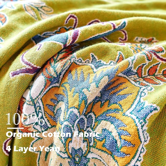 VANJOROY Boho Throw Blanket, 100% Organic Cotton Breathable Ultra Soft Bed Quilt Throw - All Season Luxury Floral Farmhouse Decor Blanket for Sofa Couch Chair and Gift. 91" x 98"-Green/Blue