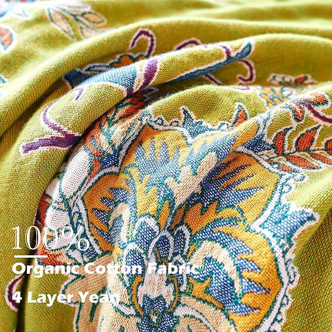 VANJOROY Boho Throw Blanket 50" x 60", 100% Organic Cotton Breathable Ultra Soft Bed Quilt Throw - All Season Luxury Floral Farmhouse Decor Blanket for Sofa Couch Chair and Gift. Green/Blue