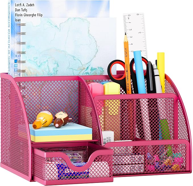 EasyPAG Mesh Desk Organizer with Drawer Multi-functional Pen Holder Stationery Organizer for Office School Supplies 6 Compartments Dorm Organizers and Storage for Desk, Hot Pink