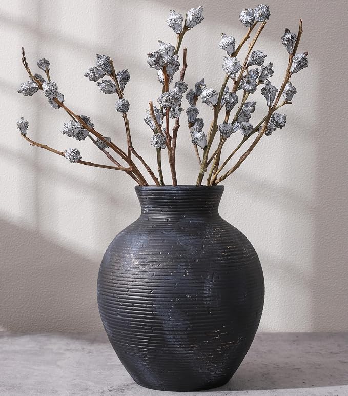 Ceramic Flower Vase Home Decor, 7.4 in Farmhouse Table Vase Retro Vintage Living Room Kitchen Bedroom Decoration Pottery Decorative Vases for Flowers House Shelf Office Desk Dining Entryway, BlackGold