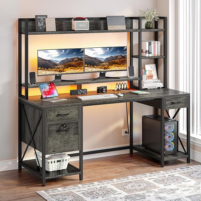 DWVO Computer Desk with Drawers & Hutch, 59.1" Office Desk with Power Outlets & LED Lights, Home Office Desk with Storage Shelves, Grey | Built-In Power Outlets, Led Lights, Hutch Shelves, Storage Drawers, for Home Office Work Study, Easy Assembly