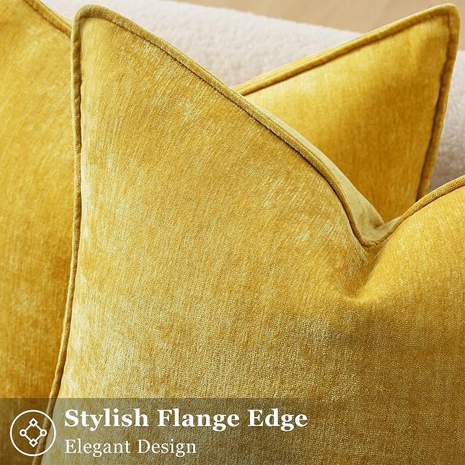 decorUhome Chenille Mineral Yellow Throw Pillow Covers 18x18 Set of 2 | Fall Soft Couch Decorative Modern Velvet Pillow Cases with Elegant Design for Sofa Bed Living Room Home Decor