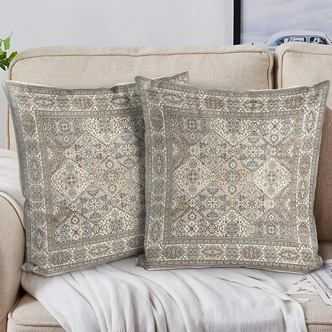 Boho Floral Throw Pillow Covers 18x18 inch Set of 2,Grey Boho Rug Geometric Floral Pattern Decor Double Sided Pattern Cushion Cover Soft Pillow Case Living Sofa Room Bed Square Pillow Cover